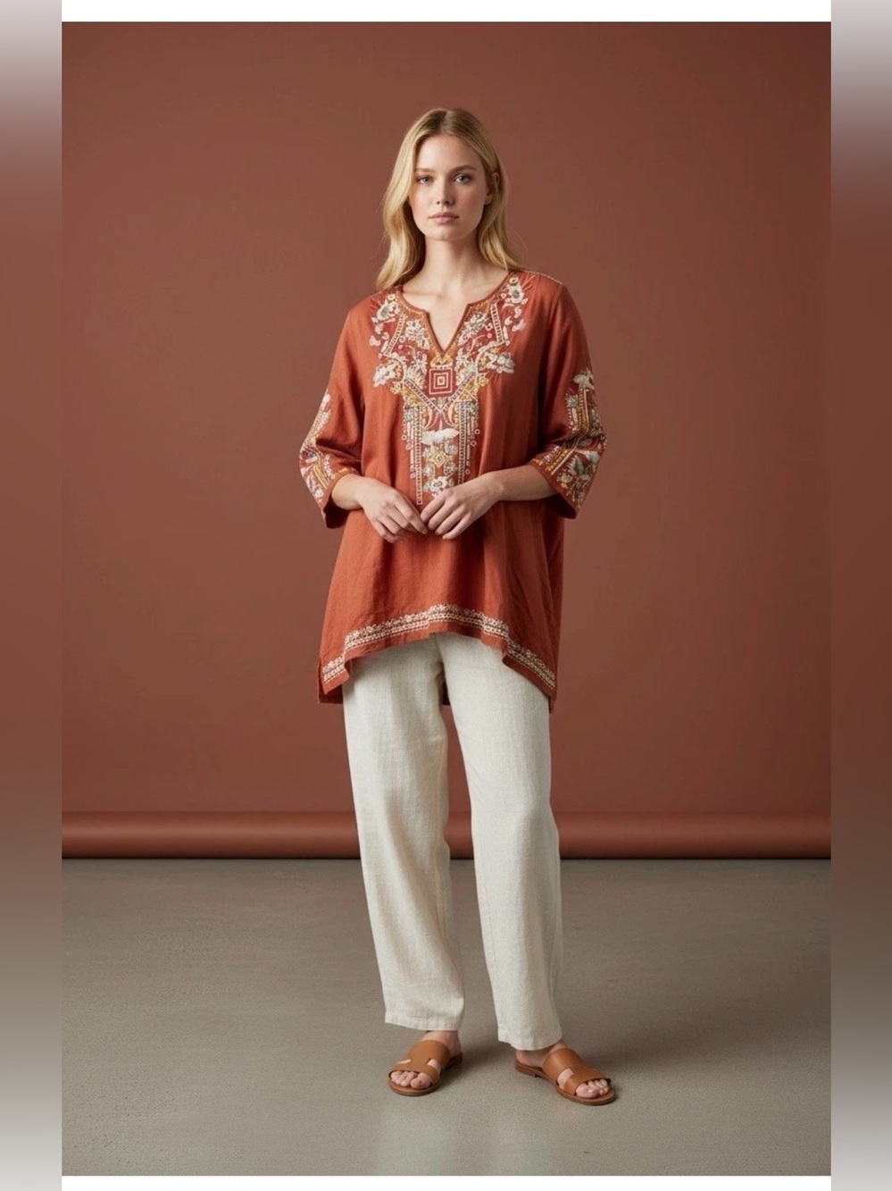 SOLITAIRE Women's Rust Color Embroidered Boho V Neck Tunic Top 1X